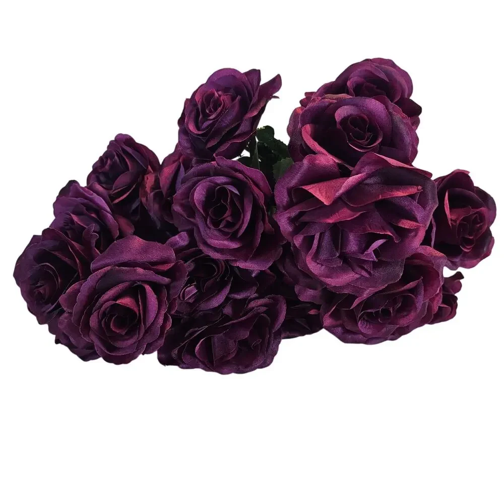 Silk Artificial Purple Rose Bush 12 Large 4in Rose Floral Wedding Craft Lot of 2